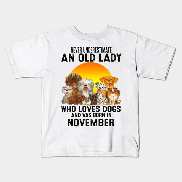 Never Underestimate An Old November Lady Who Loves Dogs Kids T-Shirt by trainerunderline